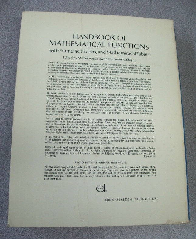 Handbook of Math Functions: Formulas,Graphs & Mathematical Tables 1965 ...